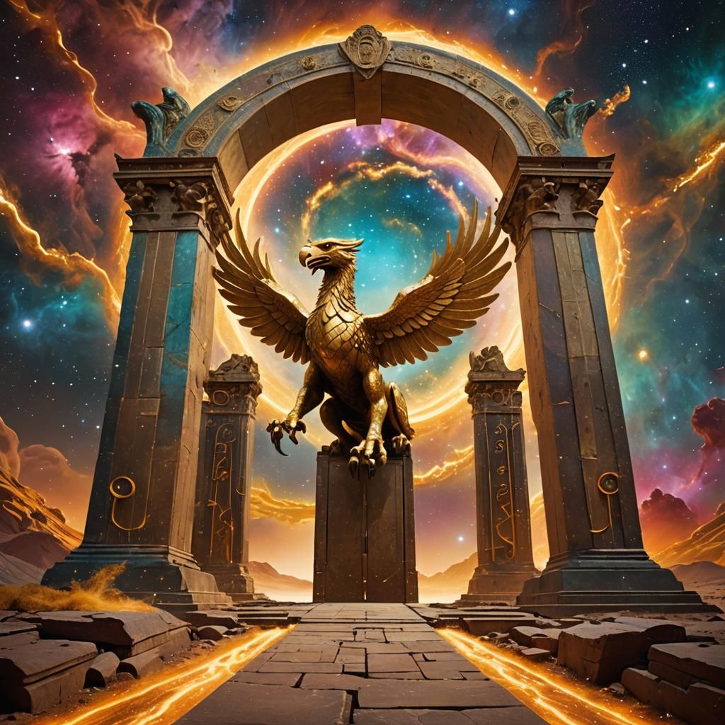 Golden Griffin at Cosmic Celestial Gate: Fantasy Art