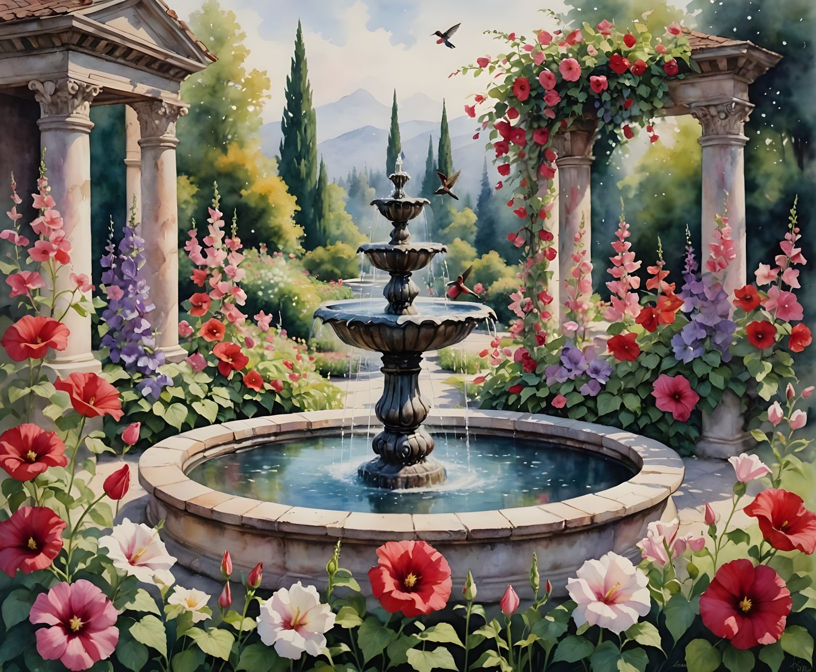 Ethereal Watercolor Garden Scene with Vibrant Flowers and Hu...