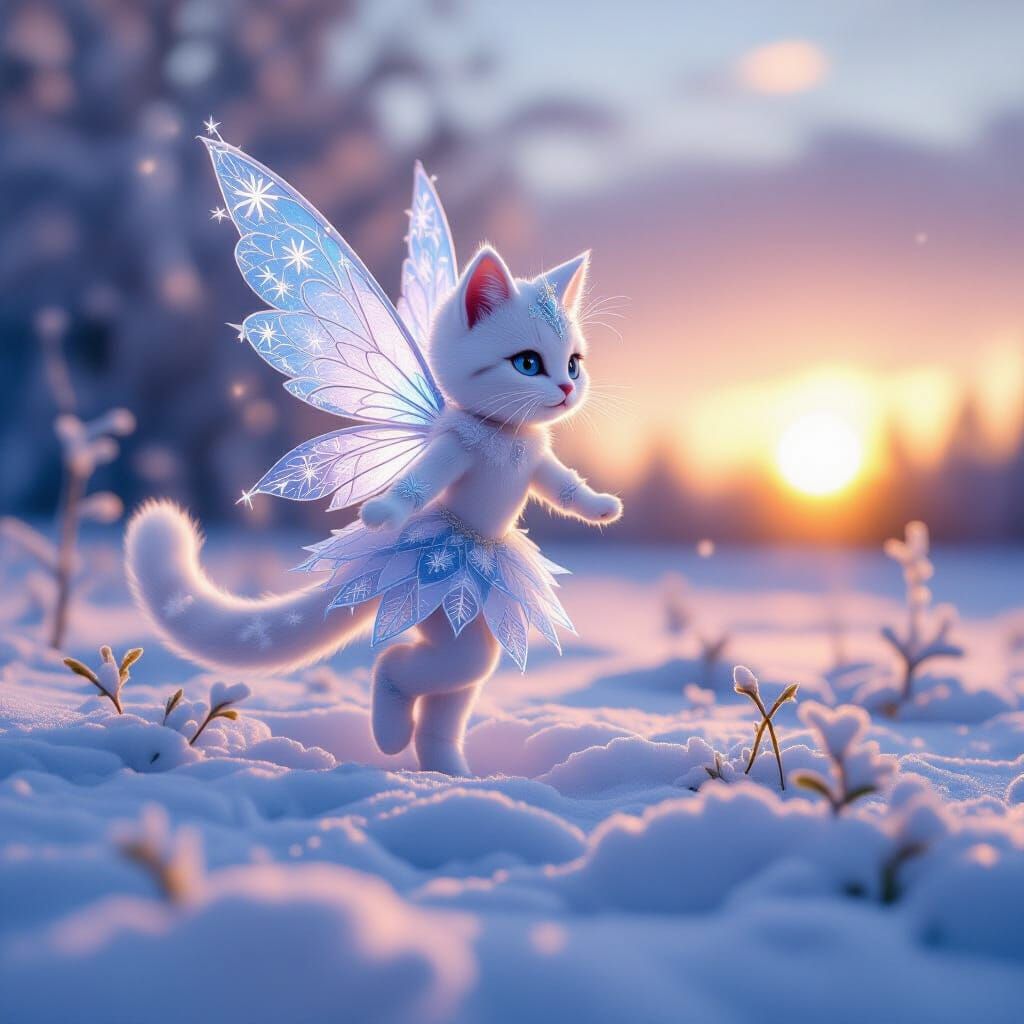 Cat Fairy Snowflake in Wintry Meadow at Sunset