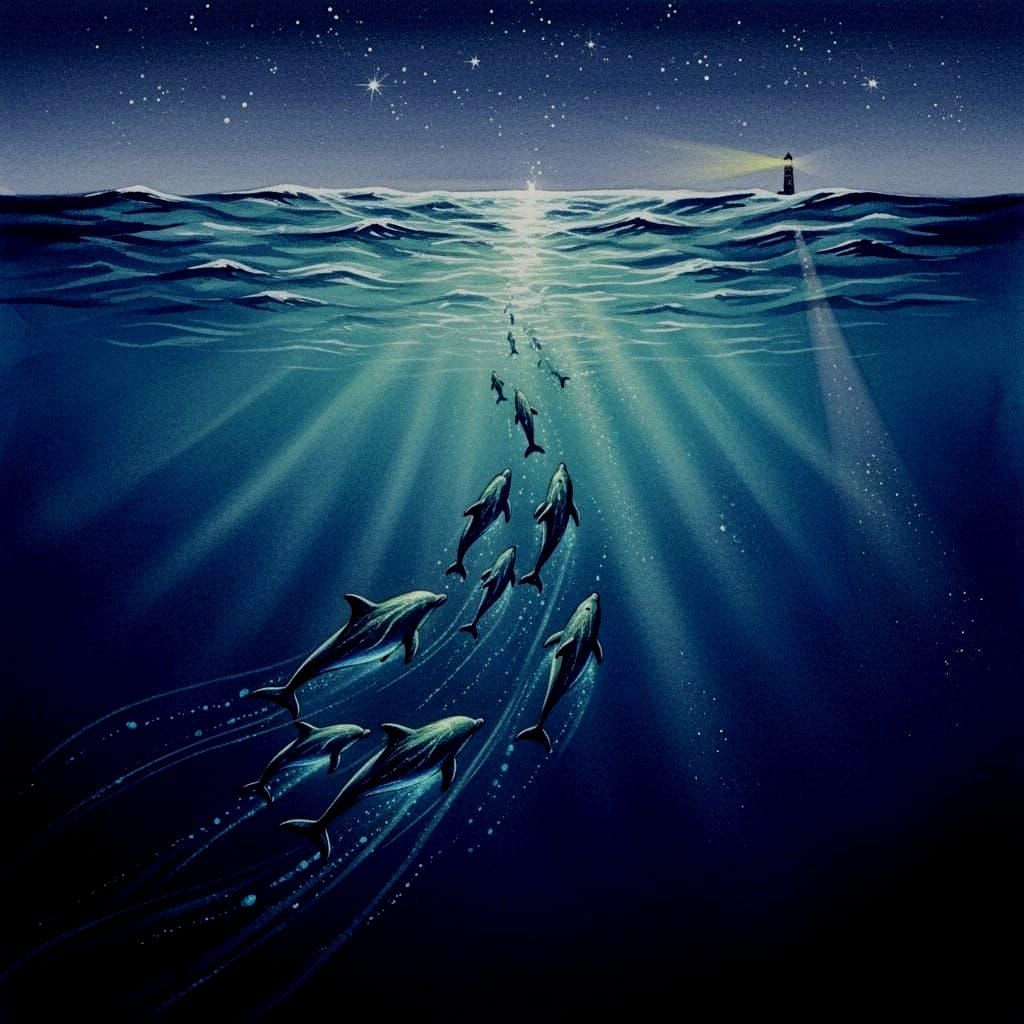 Bioluminescent Dolphins in a Starry Dreamlike Ocean