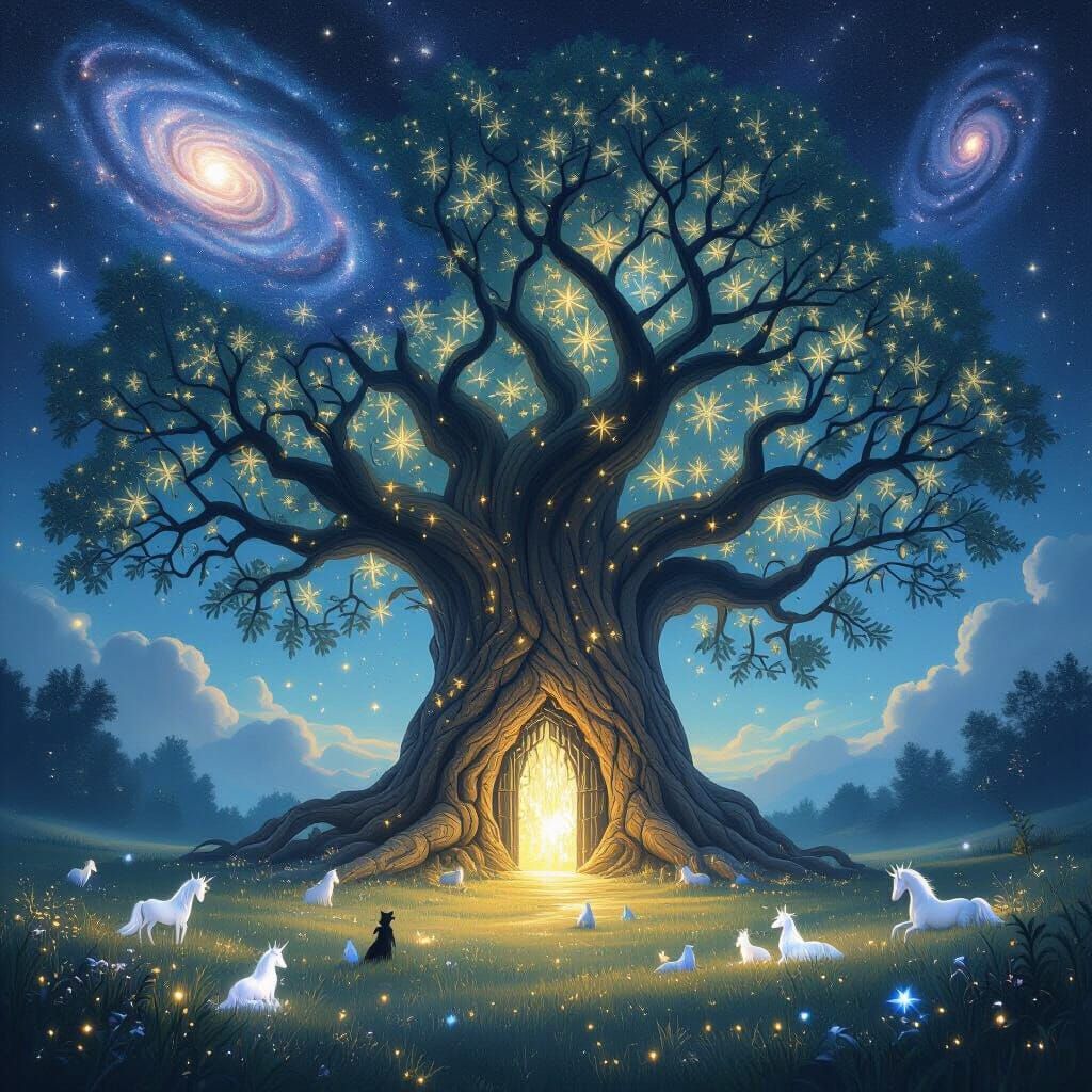 Gigantic Ancient Tree Under Cosmic Galaxy Sky