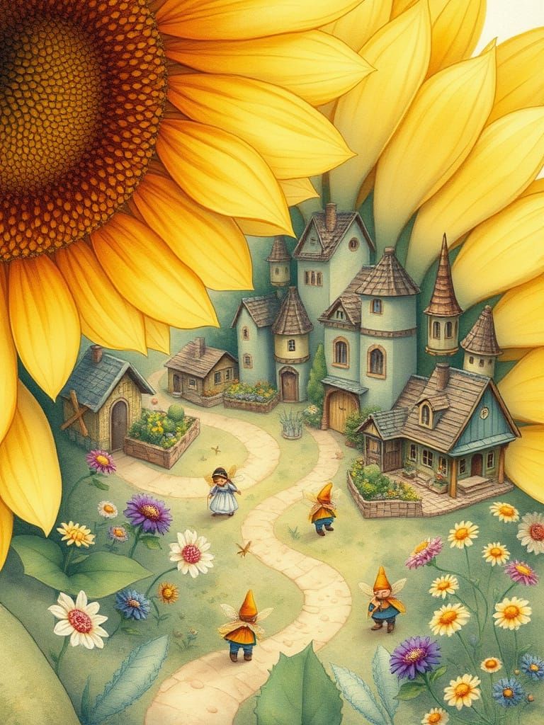 Quaint Village in Giant Sunflower, Watercolor Style