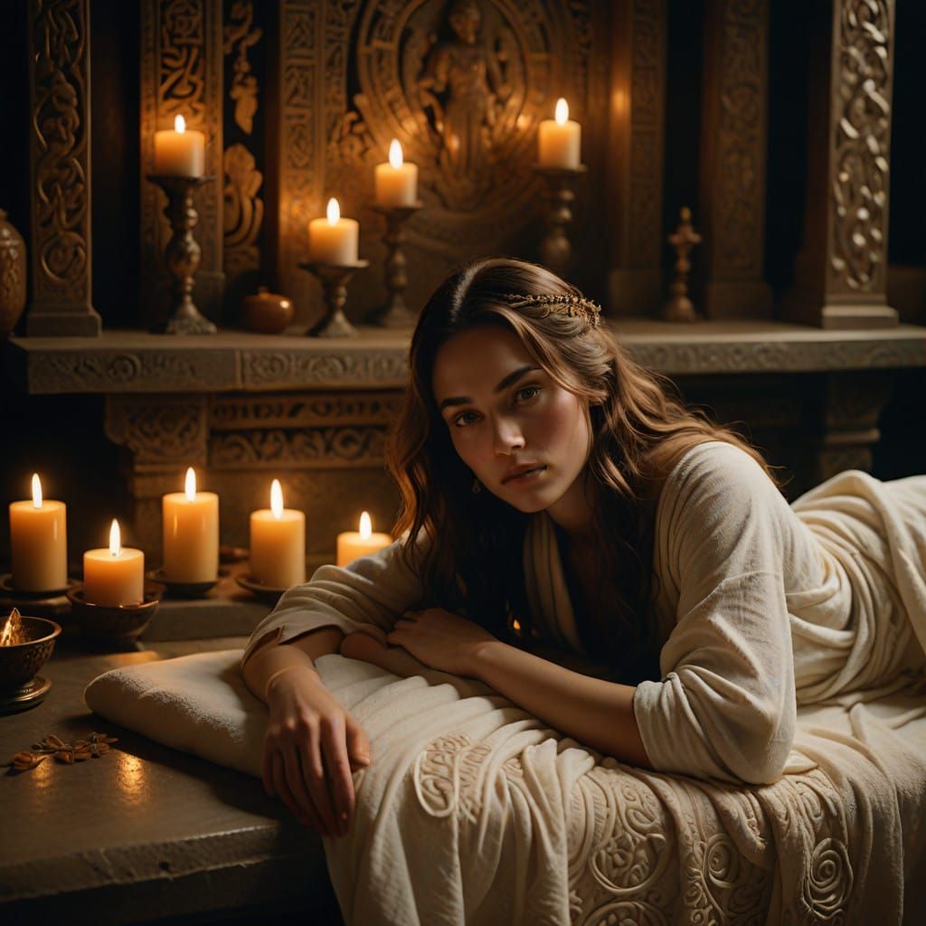 Serene English Beauty in Ancient Greek Bath House