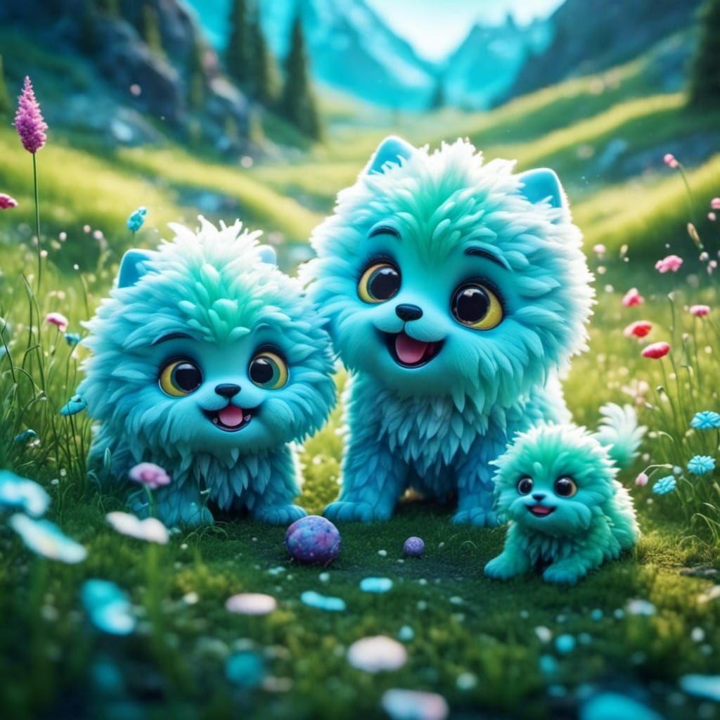 Cartoon Monster and Puppy Play in Sunny Meadow