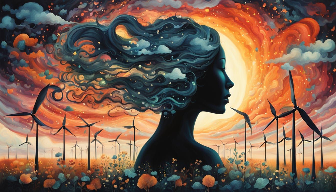 Mesmerizing Wind Turbine Nature Scene in Cyberpunk Style