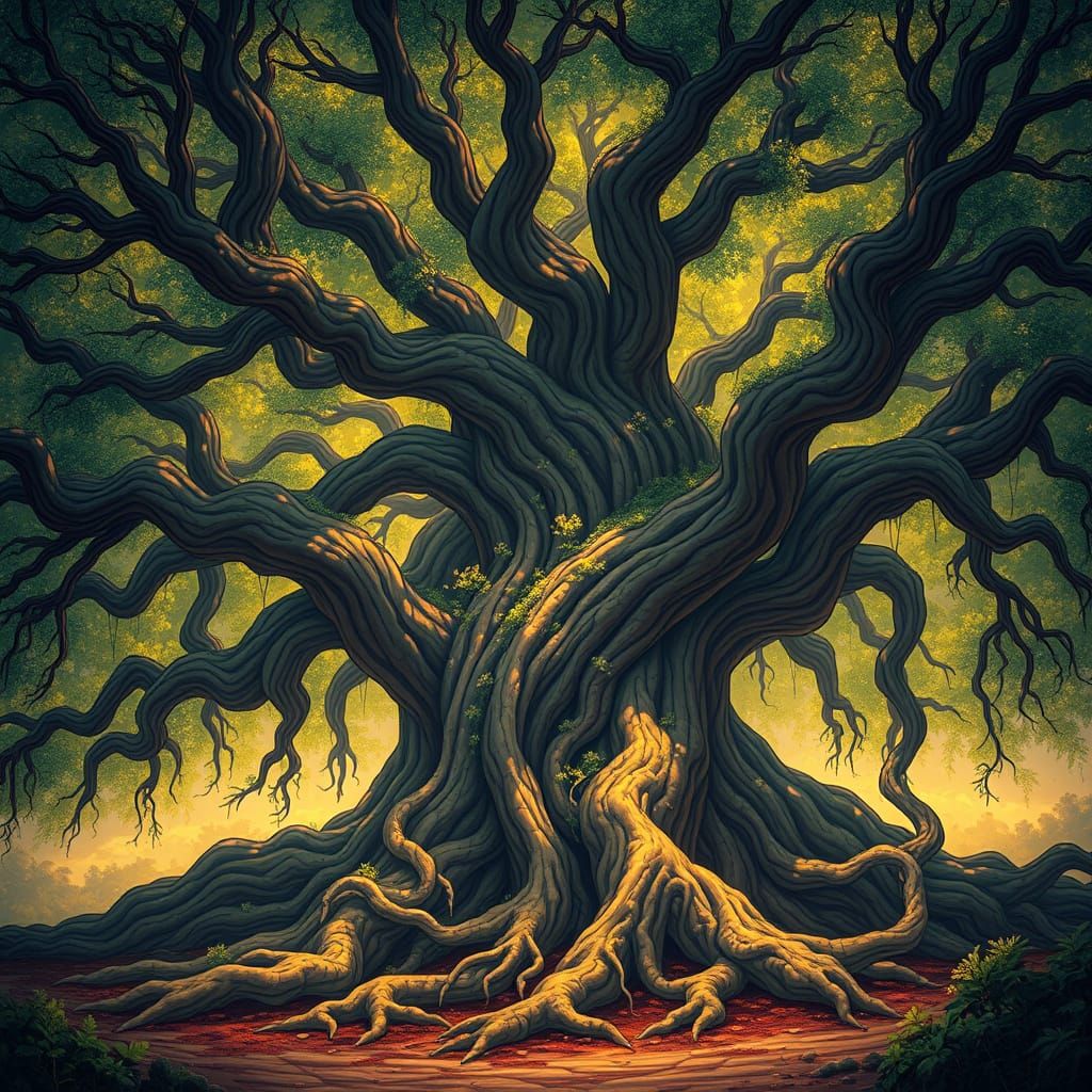 Majestic Ashwood Tree with Golden Light, Digital Art