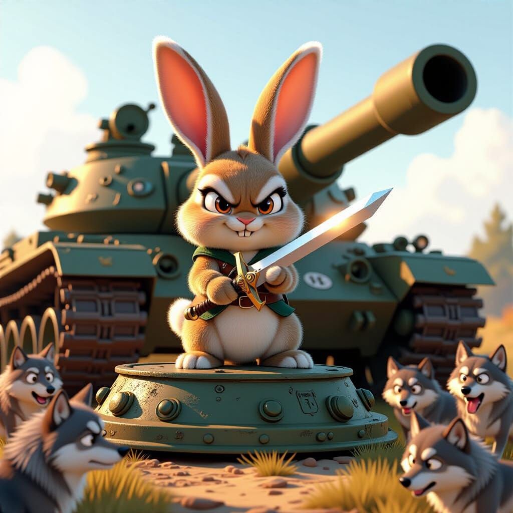 Cartoon Bunny Warrior on Tank, Pixar Style