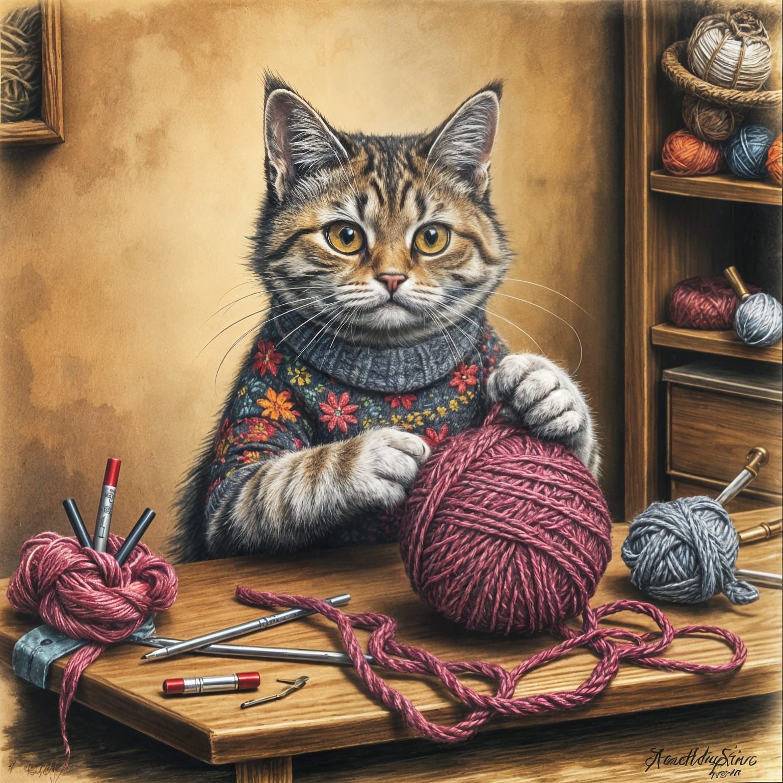 A cat making a dog sweater with a ball of yarn. hyperdetaile...