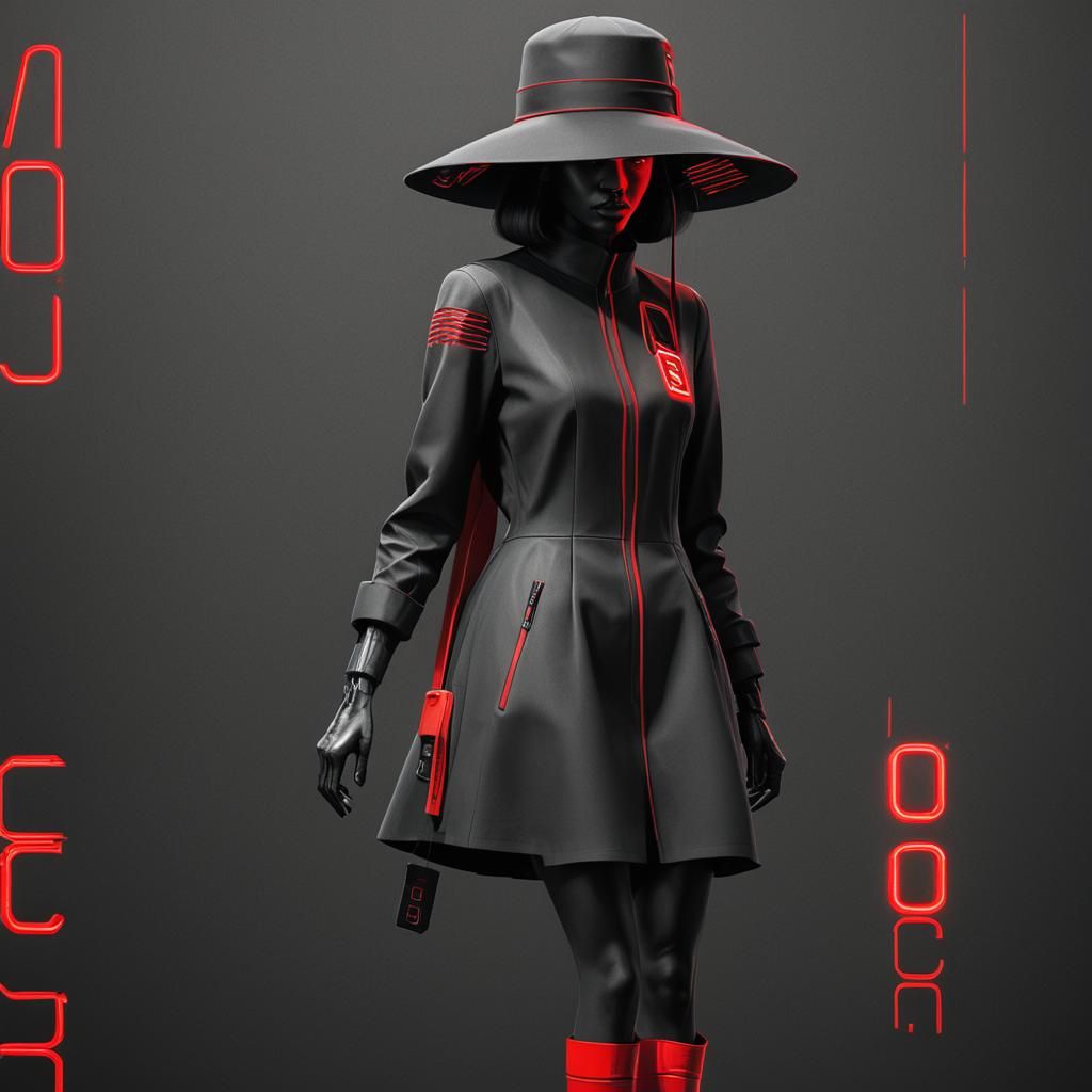 Futuristic 3D Woman with Neon Text in Red Dress