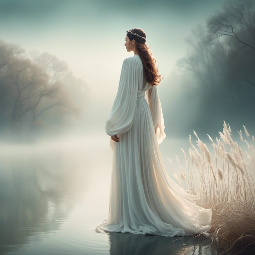 Ethereal Woman in Misty Landscape: Digital Art