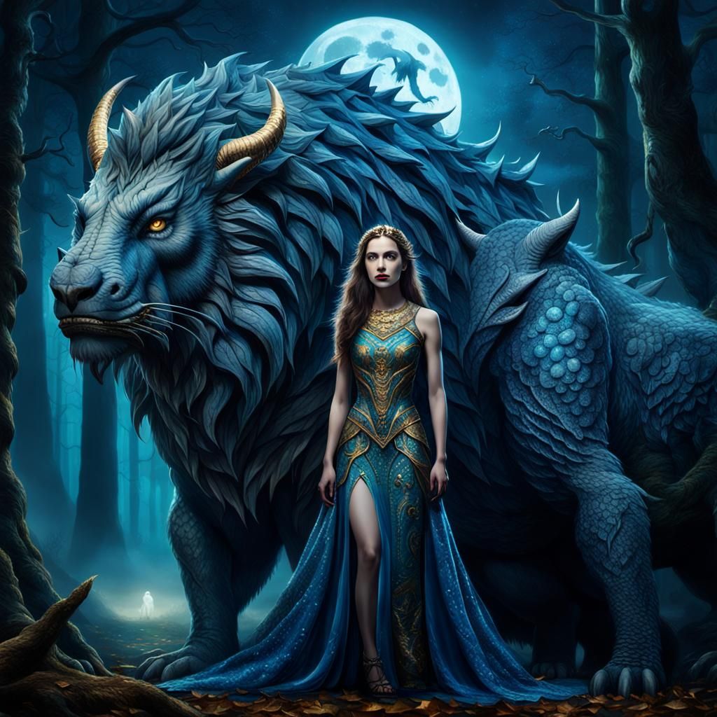 Fantastical Woman and Beast in Moonlit Forest