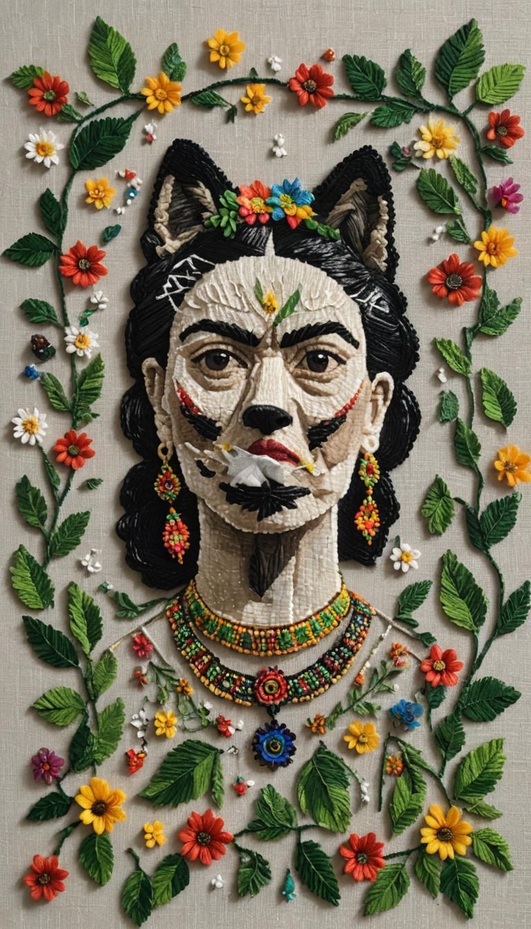 Grandmother Wolf in Frida Kahlo Indigenous Style