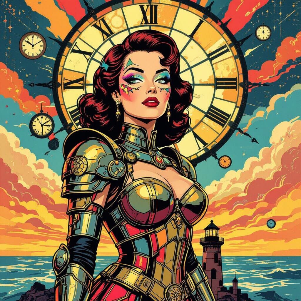 Retro Pin-Up Girl with Steampunk Lighthouse in Pop Art Style