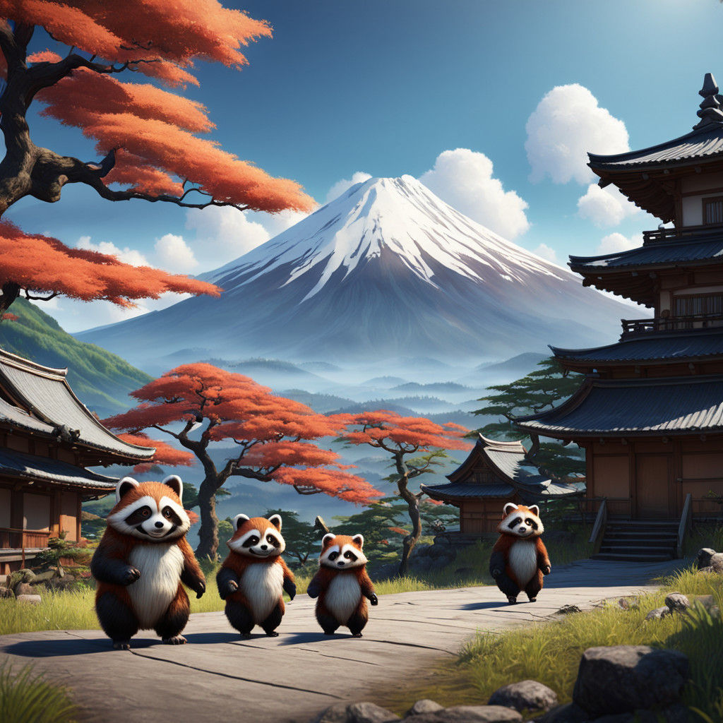 Tanuki Family Admires Fuji Mountain in Miyasaki Style