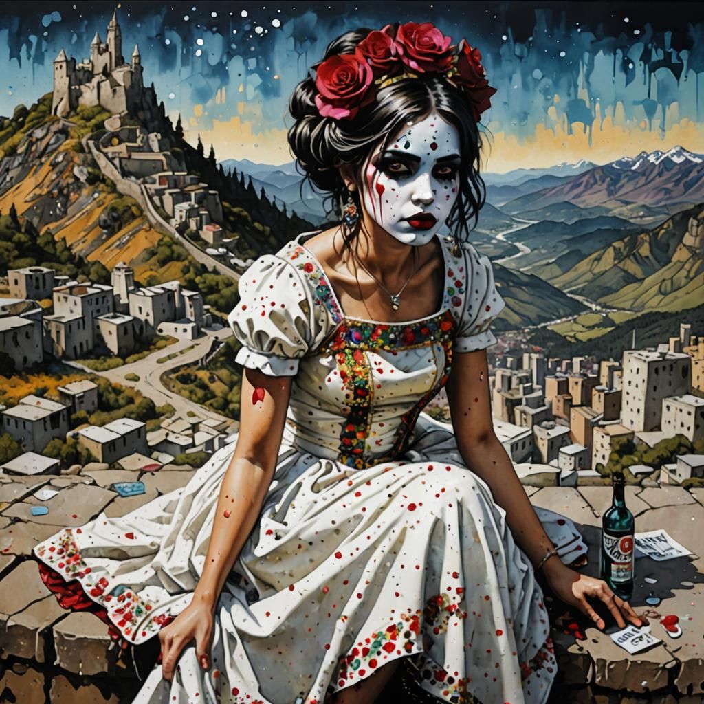 Girl in White Dress on Mountaintop, Pointillism