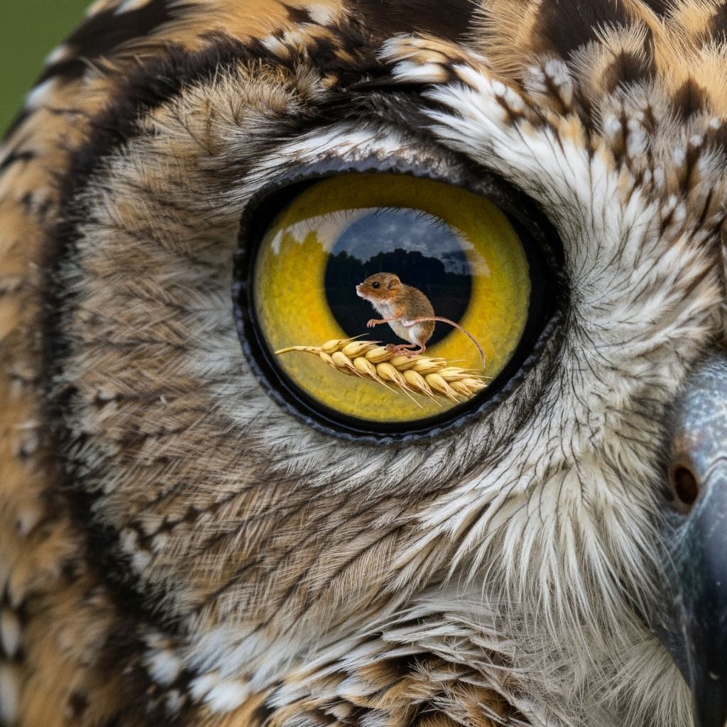 Eagle Owl Eye Reflection: Fieldmouse on Wheat