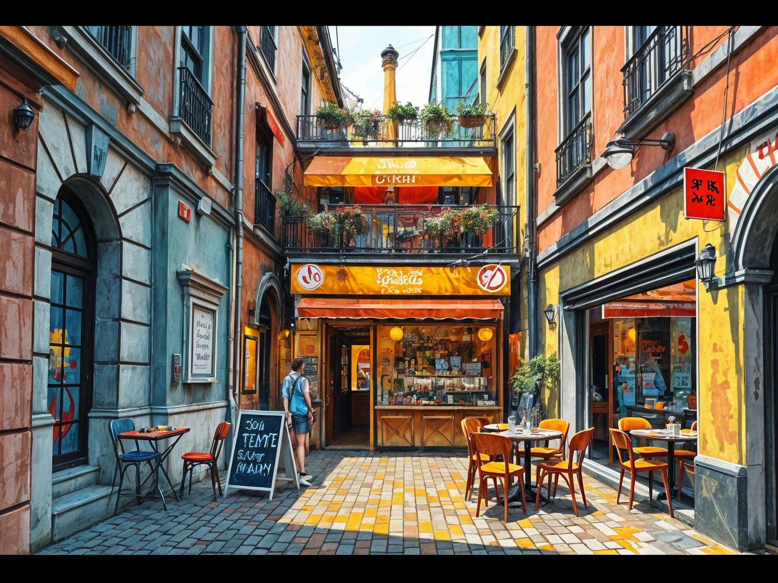 Charming Cobblestone Street Scene with Vibrant Restaurant