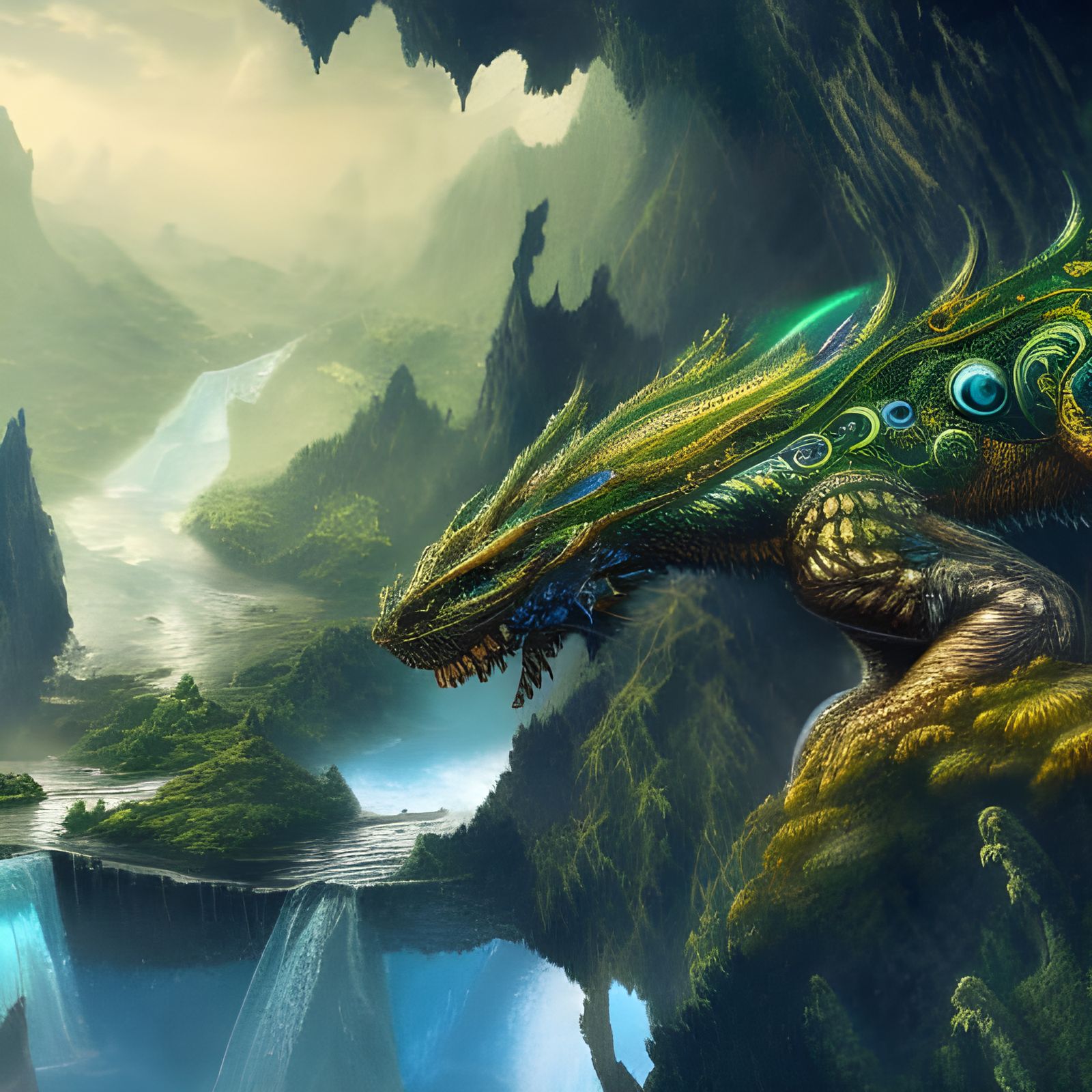 Intricate Dragon and Metal Mechanisms Under Floating Mountai...