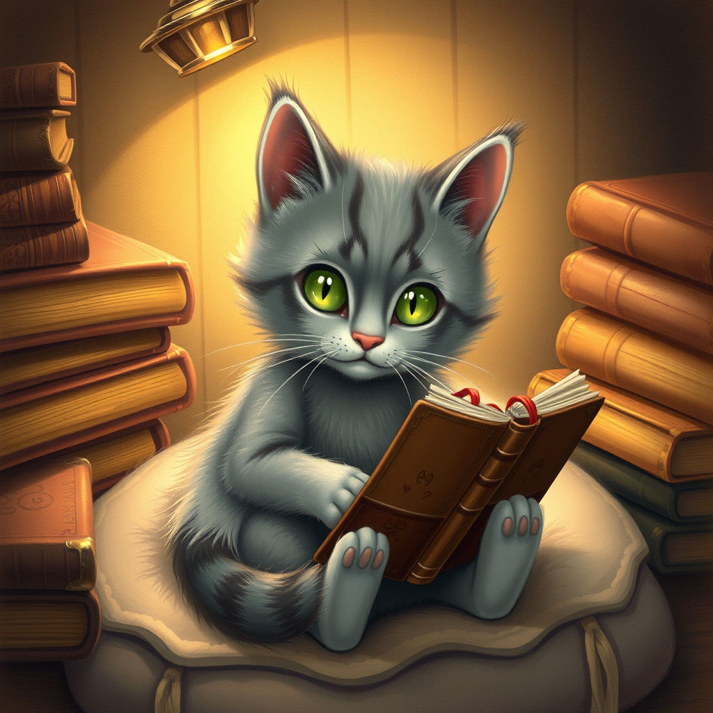 Whimsical Cat Reads Book in Cozy Setting