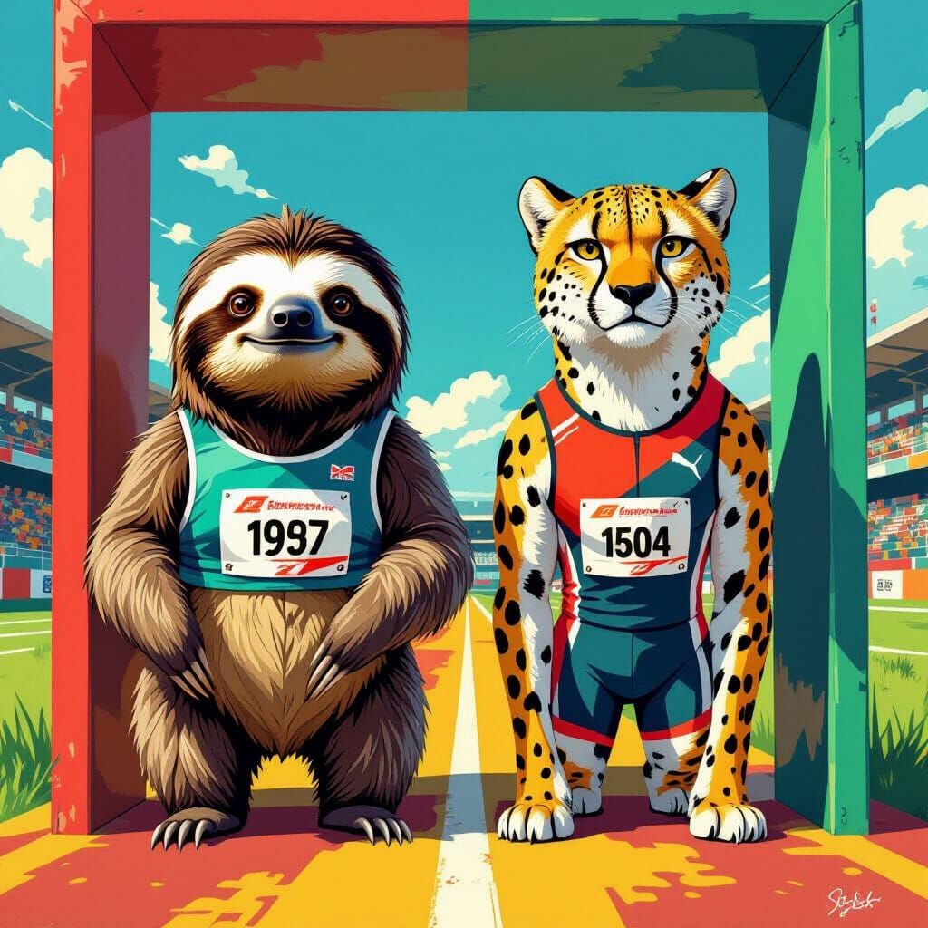 Whimsical Race: Sloth vs Cheetah in Colorful Starting Box