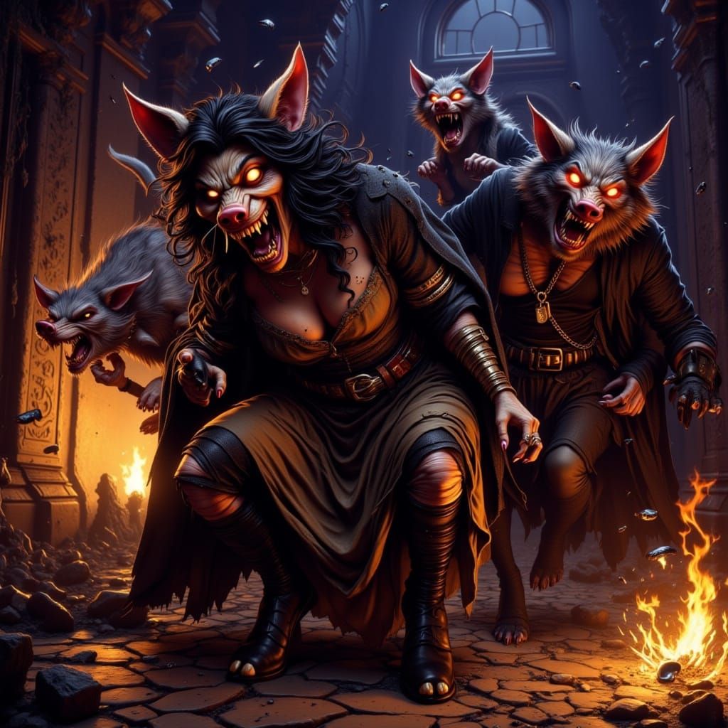 Female Wolf Terrorized by Pigs in a Dark Fantasy Castle