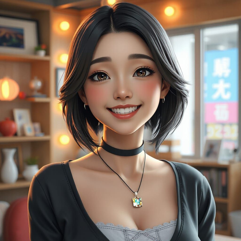 Anime-Style 3D Render of a Smiling Woman