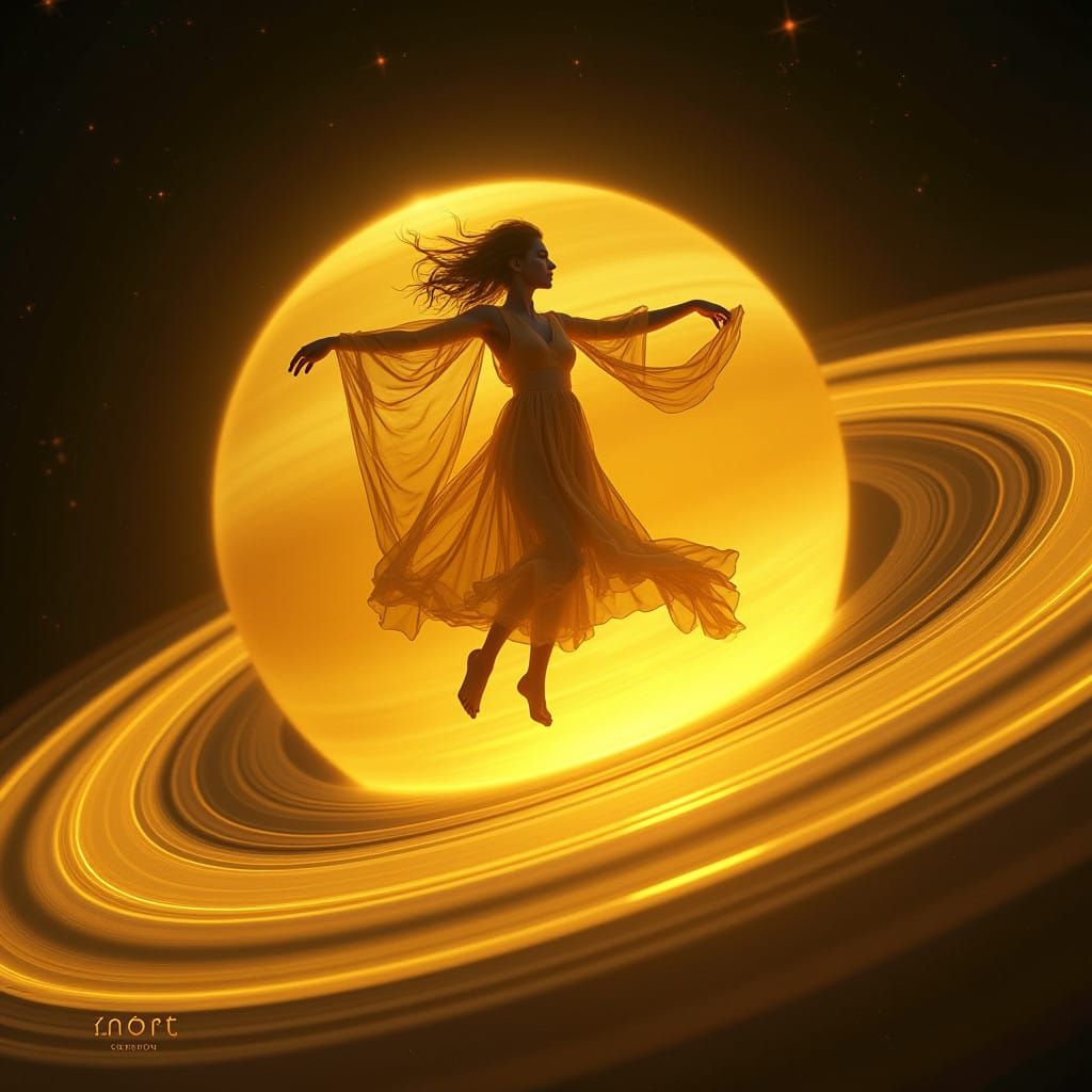 Ethereal Spirit Dances on Saturn's Neon Rings