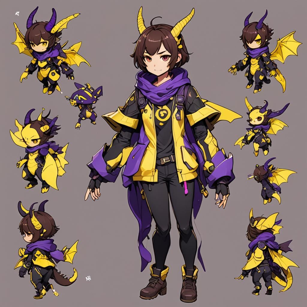 Anime Character Sheet: Girl with Dragon Pet