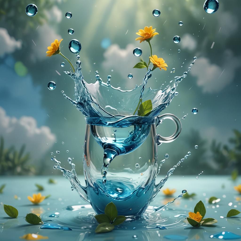 Blue Water Droplet Suspended in Air, Hyper-Realistic Art