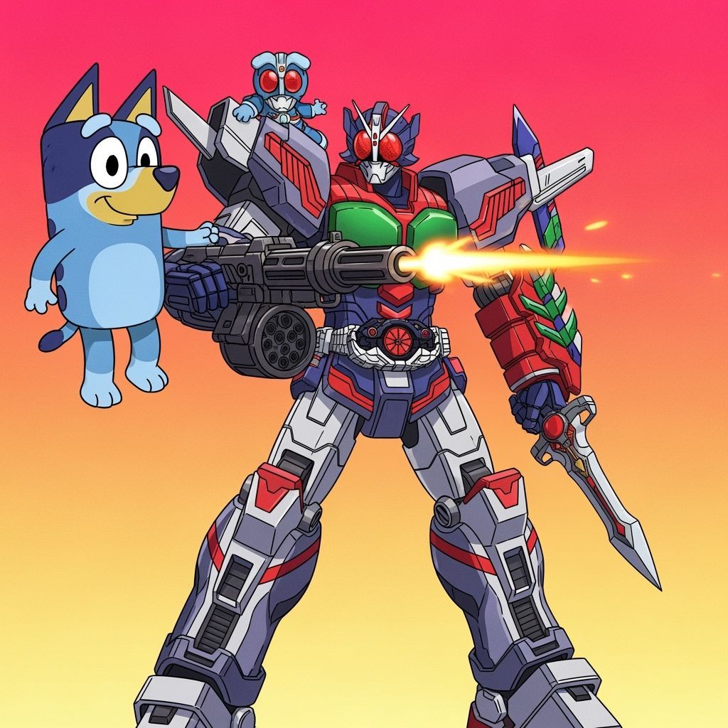 Giant Megazord with Bluey and Kamen Rider Gavv