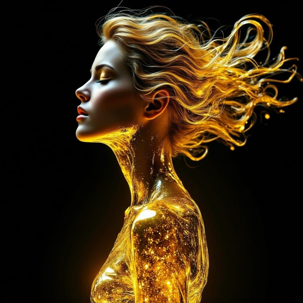 Golden Female Silhouette in Shimmering Liquid Art