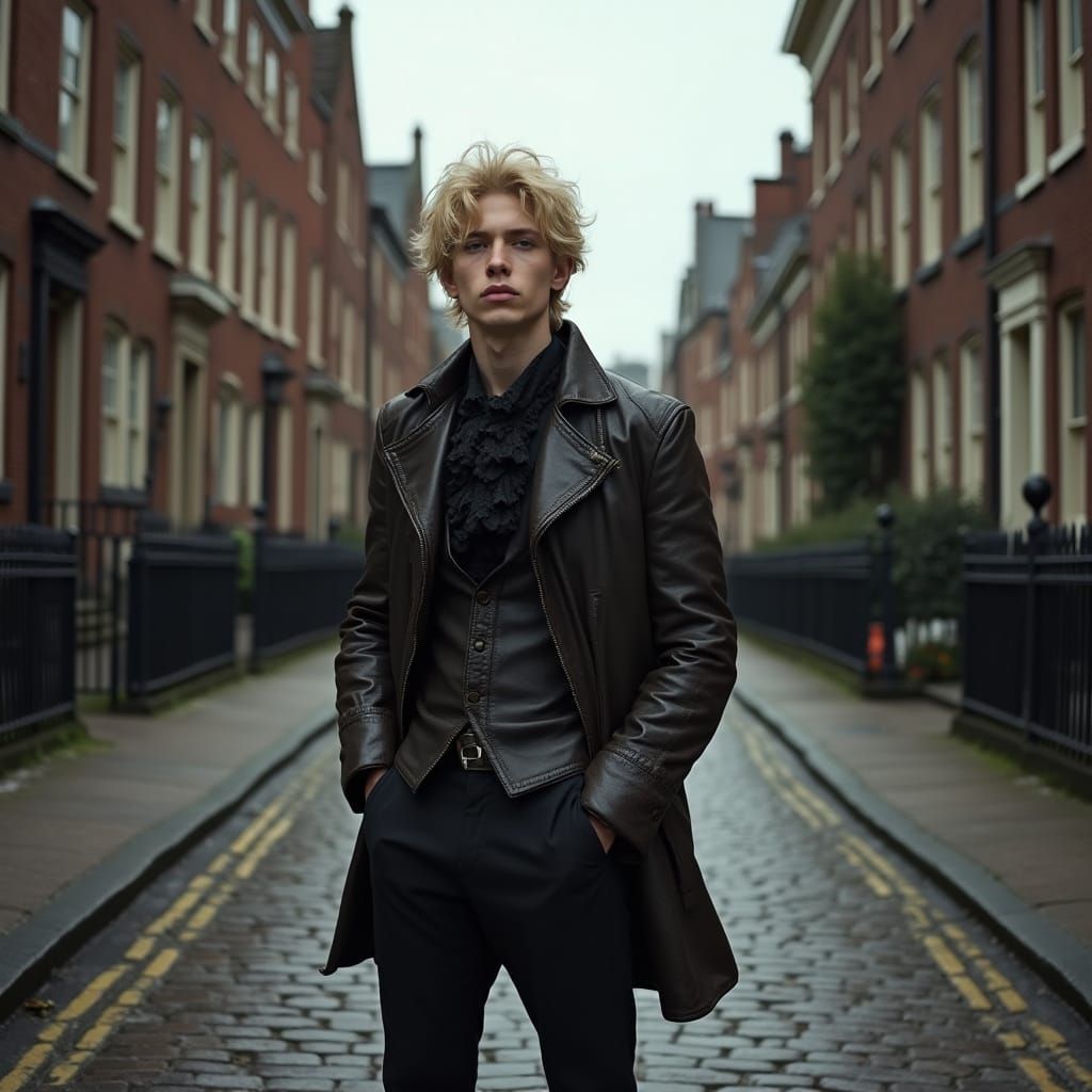 Hyperrealistic Photo of Man in Leather Jacket on Cobblestone...