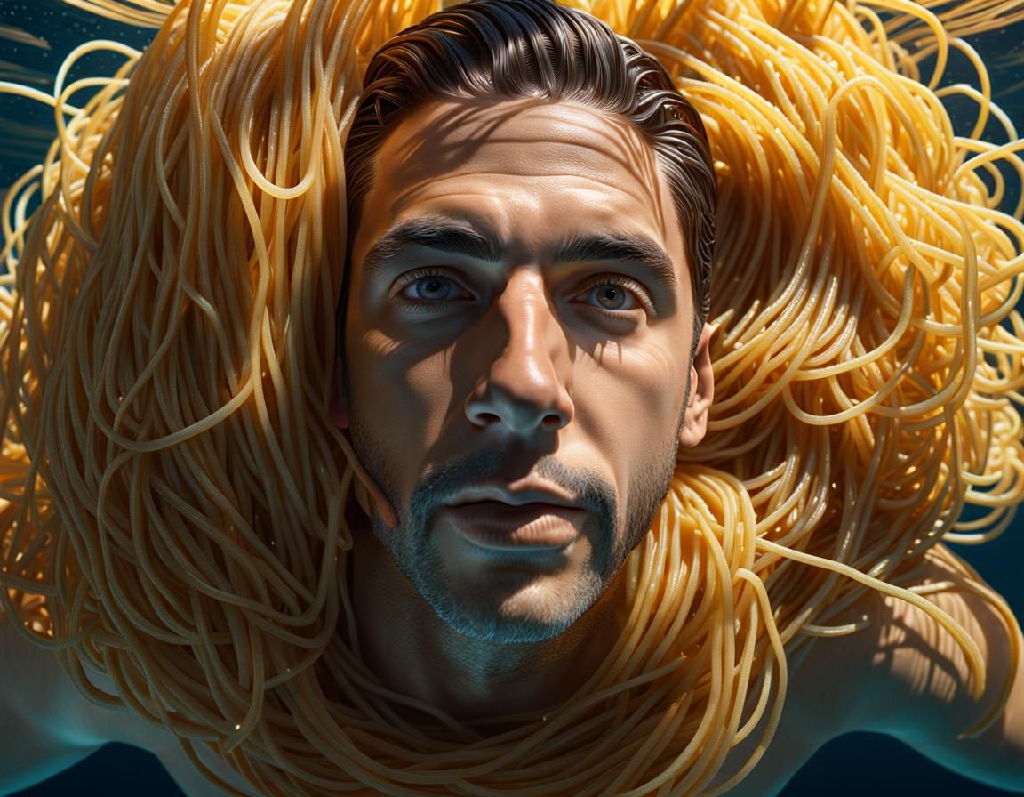 Man Swimming in Spaghetti: Hyperrealistic 3D Art