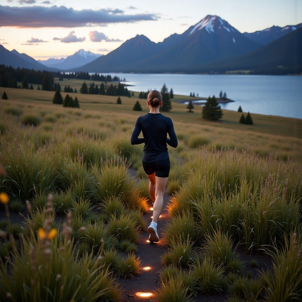 Jogger's Glowing Footprints in a Sunny Meadow