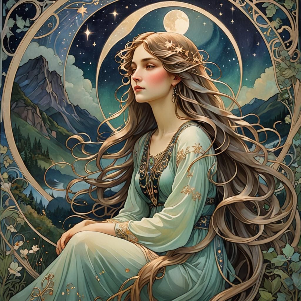 Art Nouveau Woman Under Moonlight