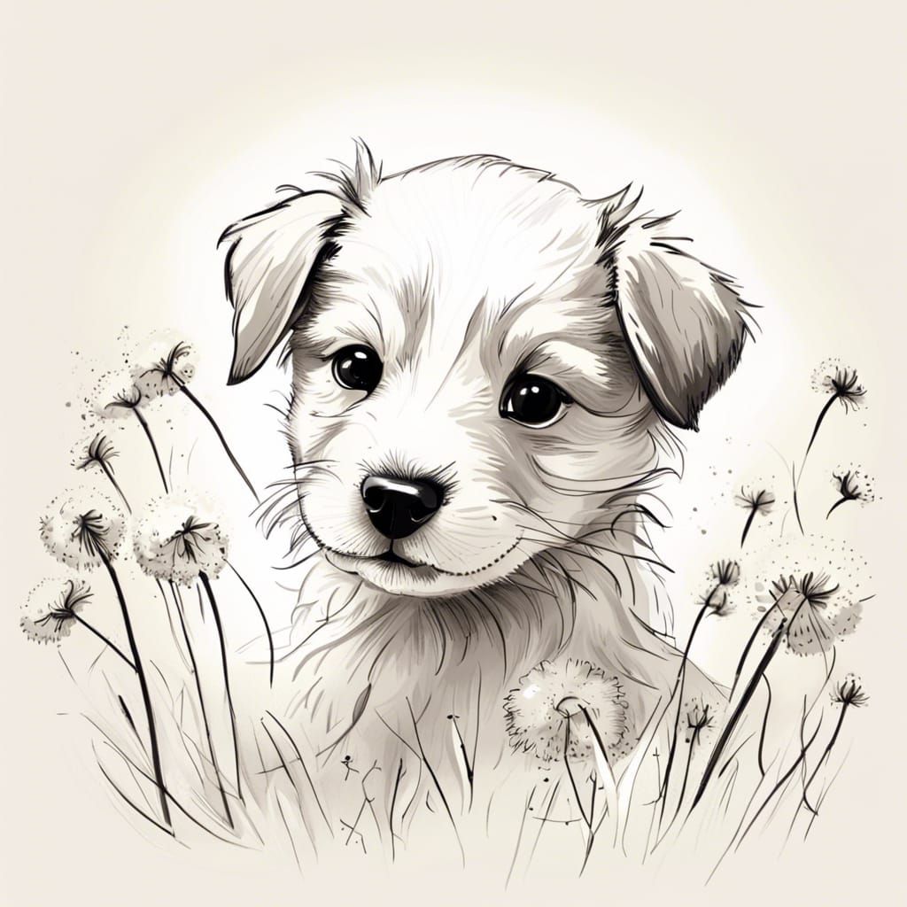 Puppy in Dandelions Sketch Portrait
