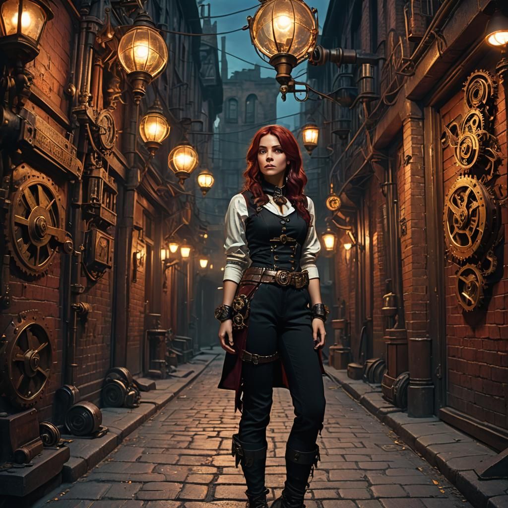Steampunk Rogue Inspects Clockwork Device in Alleyway