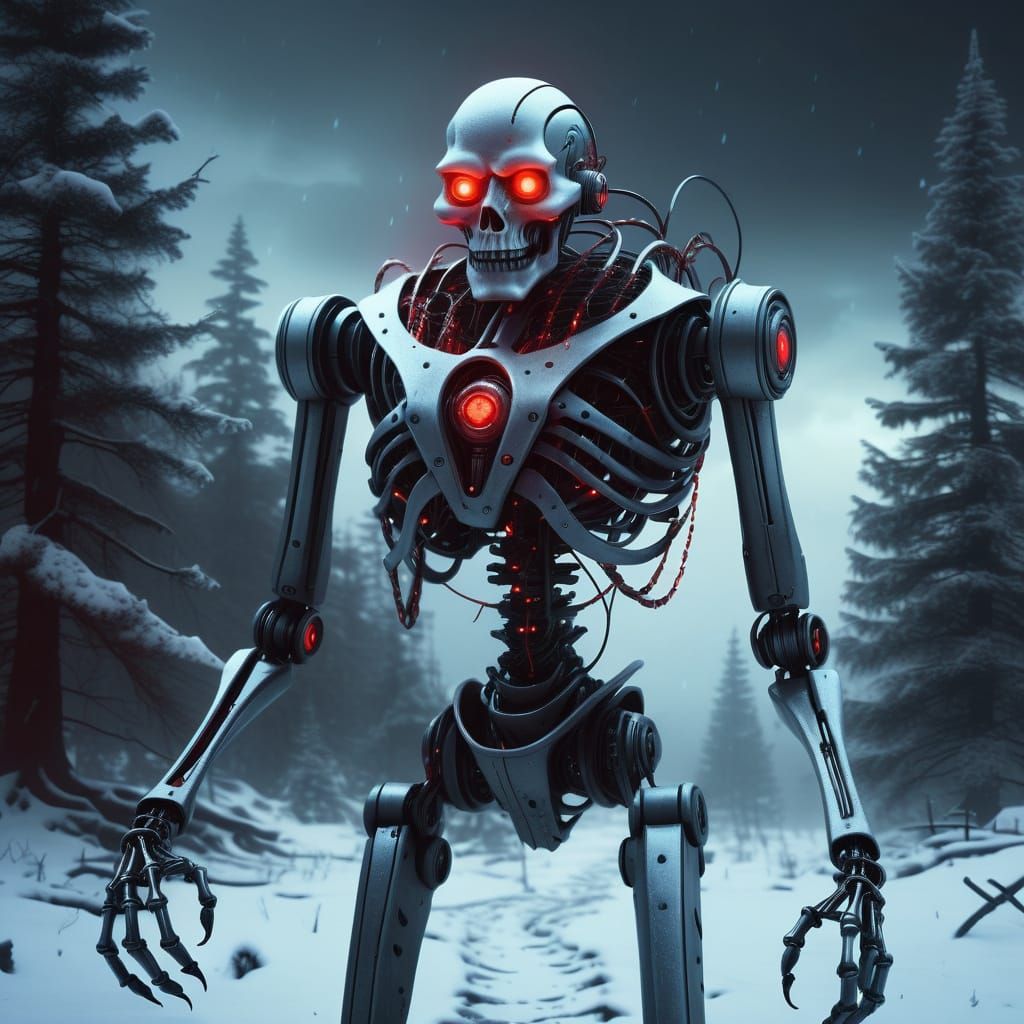 Eerie Robot Ghost Santa Haunting Snowy Landscape