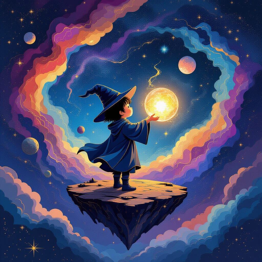 Child Wizard on Floating Island in Cosmic Nebula