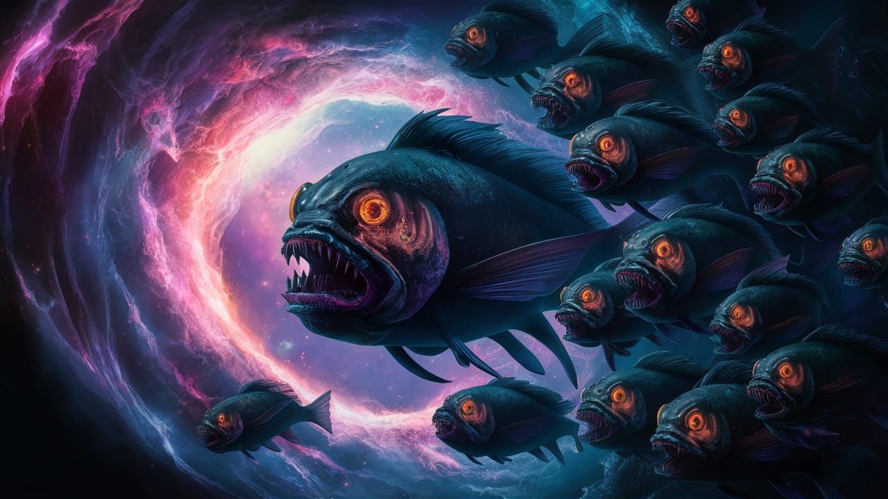 Eerie Demon-Fish Swim in Cosmic Nebula