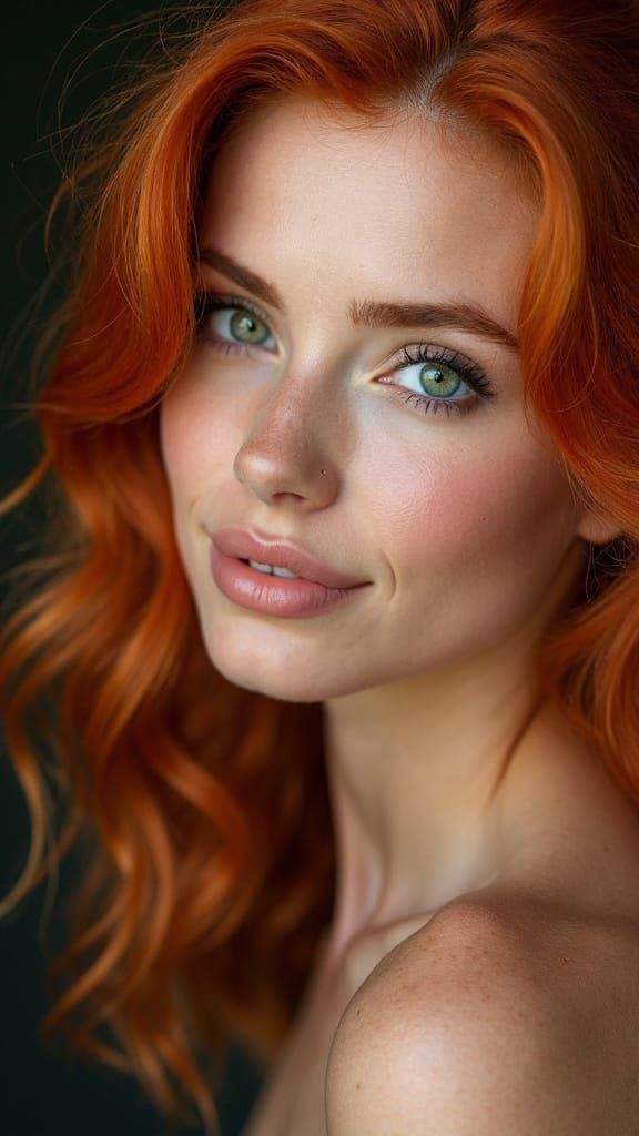 Young woman with ginger hair, emerald eyes and alluring smile