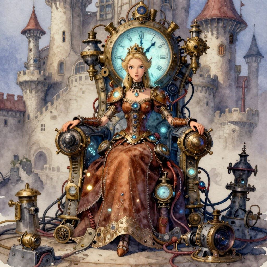 Steampunk Princess on Bioluminescent Clockpunk Throne in Cyb...