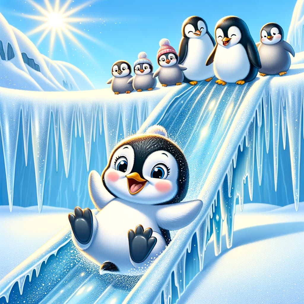 Penguin Family Joyful Moment in Sparkling Snow Scene