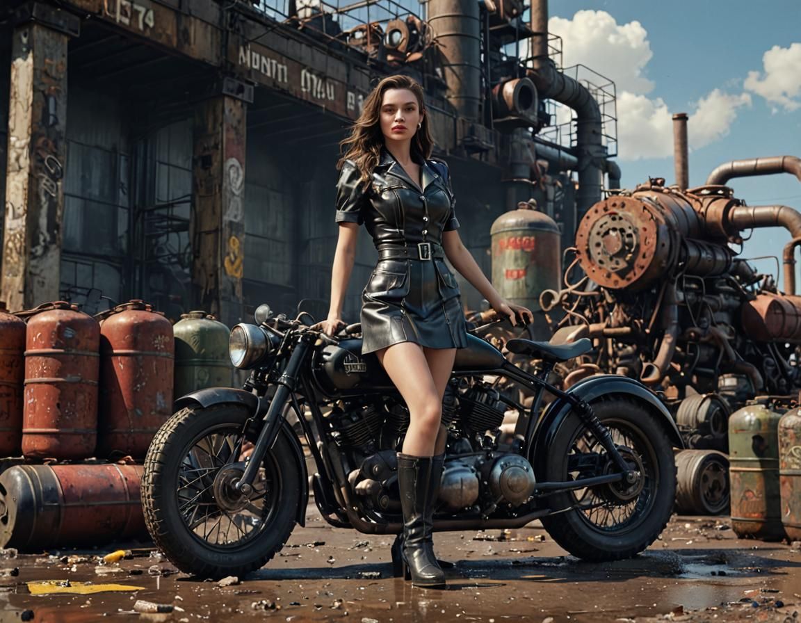 Dieselpunk Girl and Motorcycle in Industrial Factory