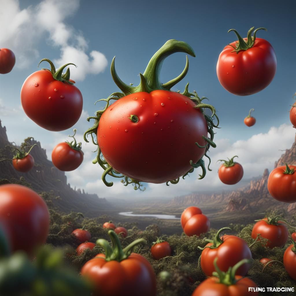 Majestic Flying Tomato in Detailed Digital Painting
