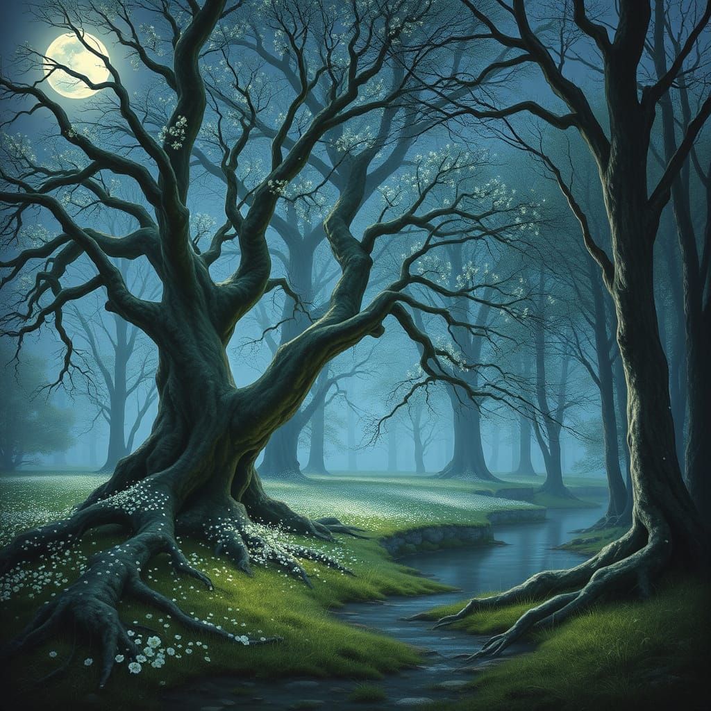 Luminous Moonlit Forest Glade in a Whimsical Style