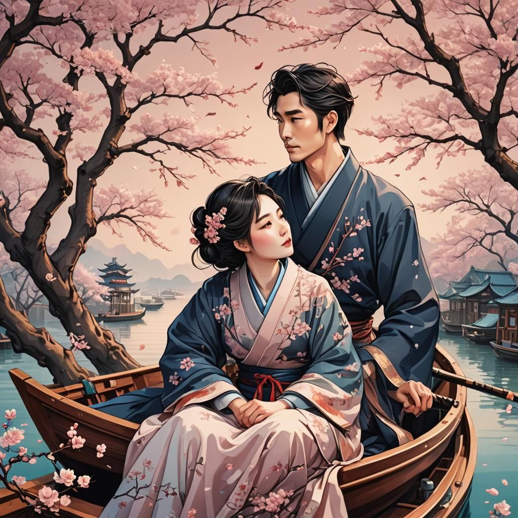 Romantic Lovers on Boat, Stylized Comic Art