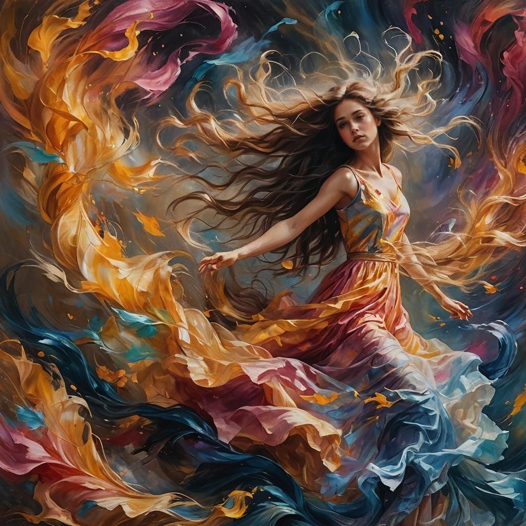 Beautiful Girl with Long Hair, Oil Painting Style