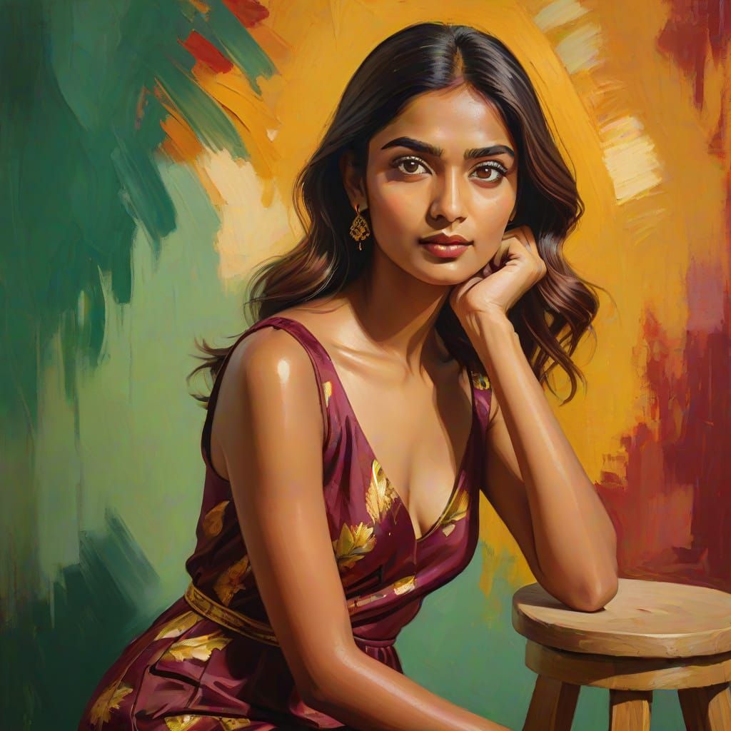 Elegant South Asian Woman in Fauvism Portrait