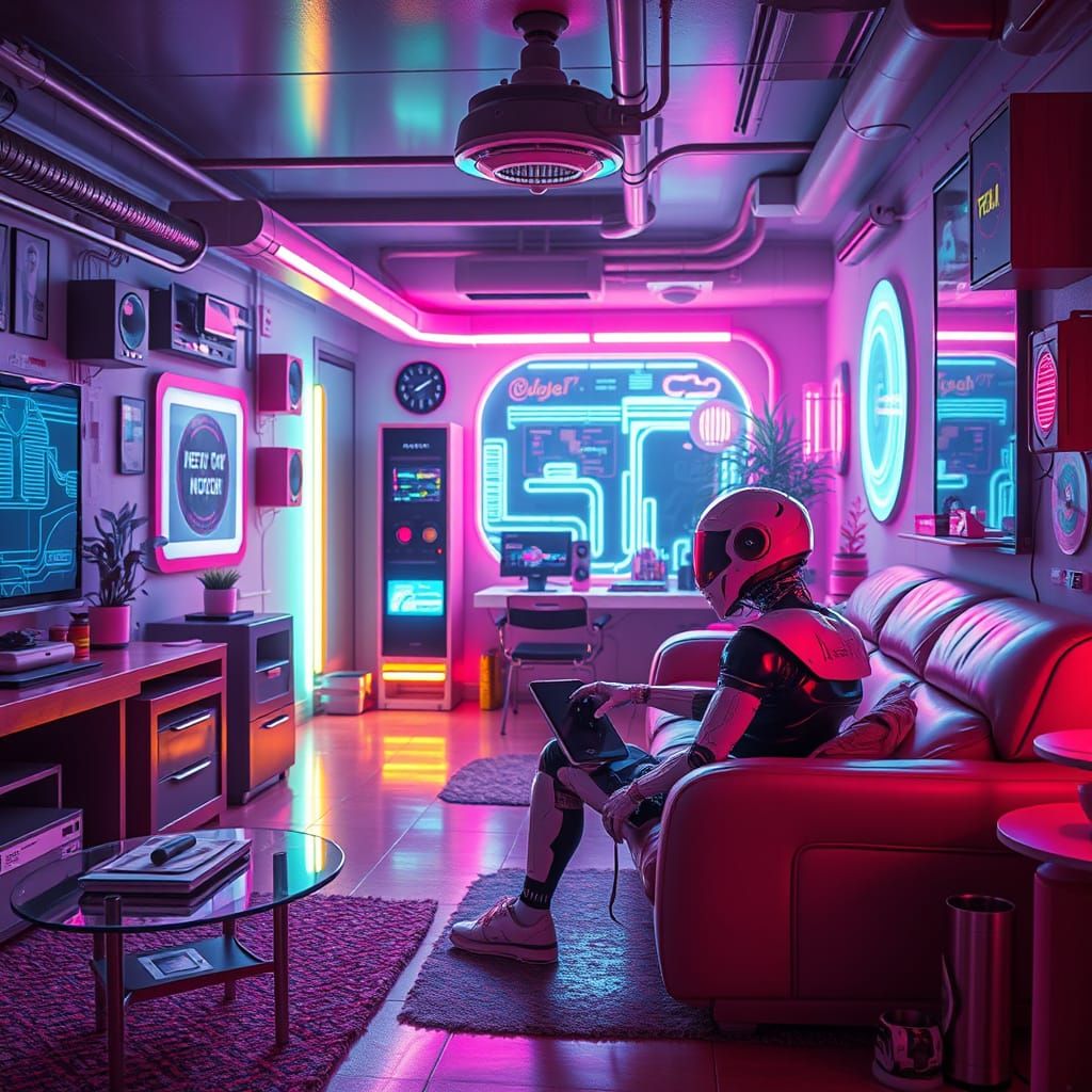 Cyborg in Futuristic Apartment with Neon Lighting